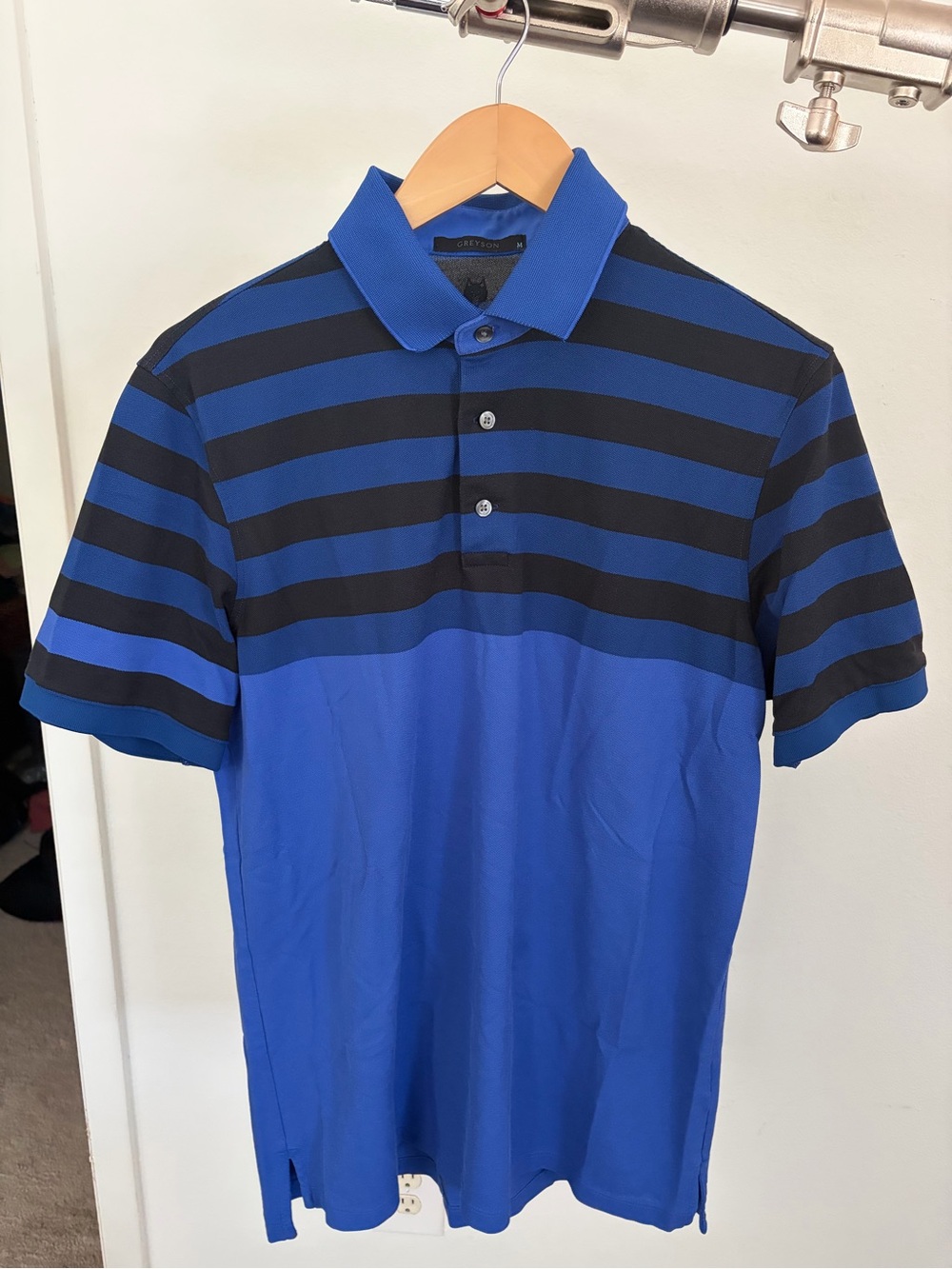 Greyson Men's Blue and Black Striped Polo Shirt